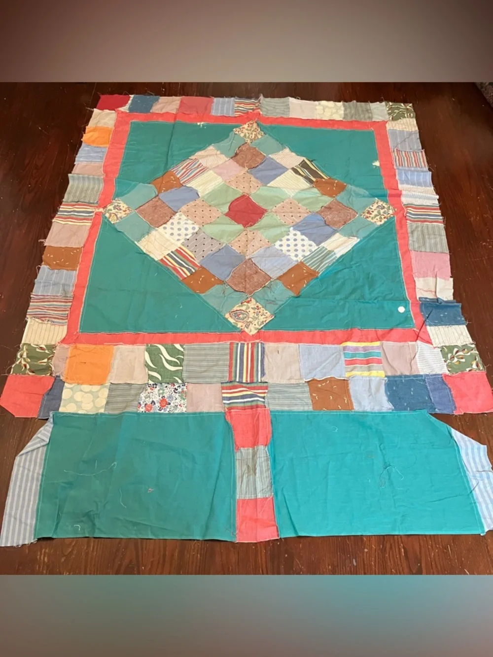 VTG Handmade Hand Pieced Stitched Scrap 57x63 Quilt Top Farmhouse Cottagecore